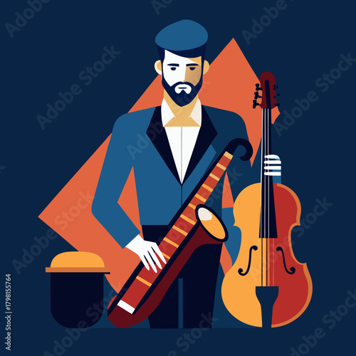 Stylized musician with saxophone and cello in geometric design