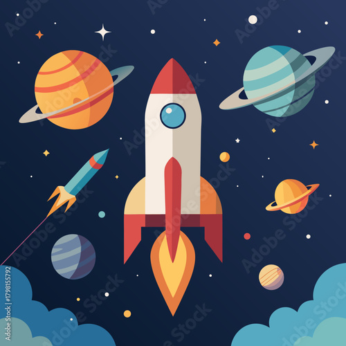 Colorful space exploration with rockets and planets in a starry night sky