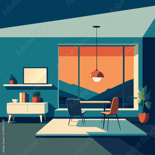 Minimalist dining room with scenic mountain sunset view through large window