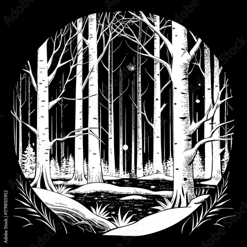 Enchanting monochrome forest scene with bare trees and subtle glowing orbs