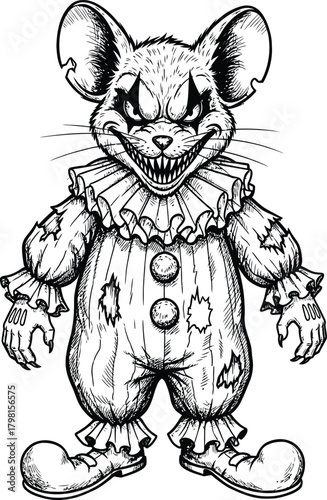 Sinister mouse character dressed in a tattered clown costume with sharp teeth and a menacing grin