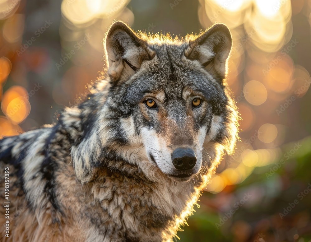 Obraz premium A majestic gray wolf stands in a sunlit forest, its fur backlit by sunset