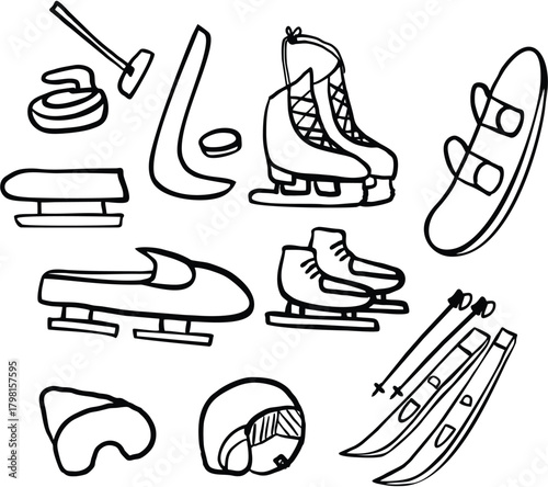 winter olympics, olympics, winter olympics doodle, hand drawn winter olympics, hand drawn winter, winter, skates, speed skates, ski, bob sled, snowboard, curling event, olympic curling, helmet, goggle
