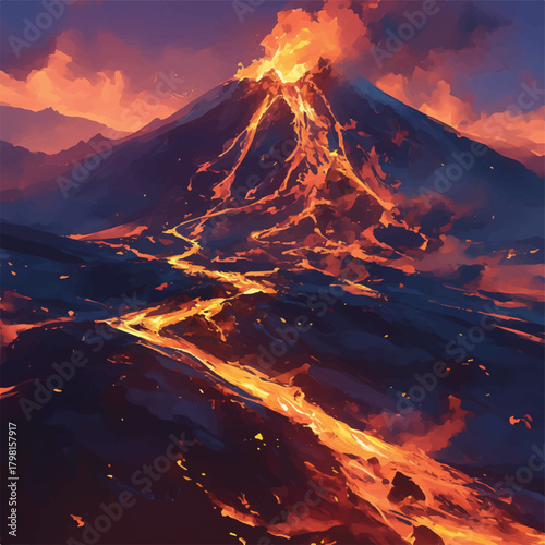 A majestic volcano erupts, sending rivers of fiery molten lava down its dark slopes under a dramatic, glowing twilight sky