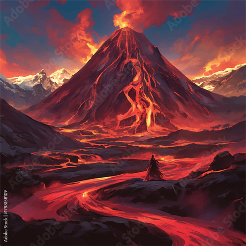 Volcanic Eruption Fiery Landscape Painting Depicting Molten Lava Flow and Towering Volcano Amidst Dramatic Skies