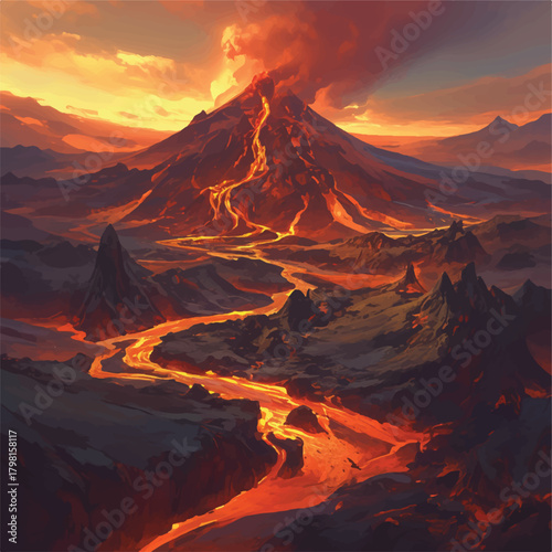 Powerful volcanic eruption with molten lava flowing through a dramatic twilight landscape, illuminated by fiery orange and red skies, showcasing nature's raw energy
