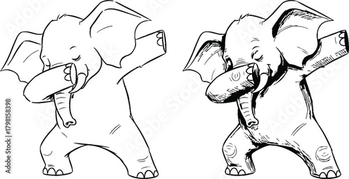 Two cute cartoon baby elephants performing a fun dab dance pose, presented in expressive line art style
