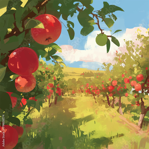 Vibrant Orchard Landscape A Serene Path Through Apple Trees in Sunny Weather