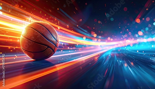 A basketball in motion on a court with vibrant red and blue light streaks