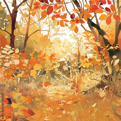 An impressionistic painting of a sunlit woodland path winding through a forest ablaze with brilliant autumn colors