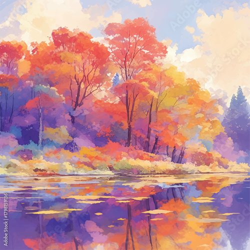 Painterly autumn landscape with vibrant red, orange, and purple trees reflecting in tranquil lake waters under soft sky, capturing serene natural beauty