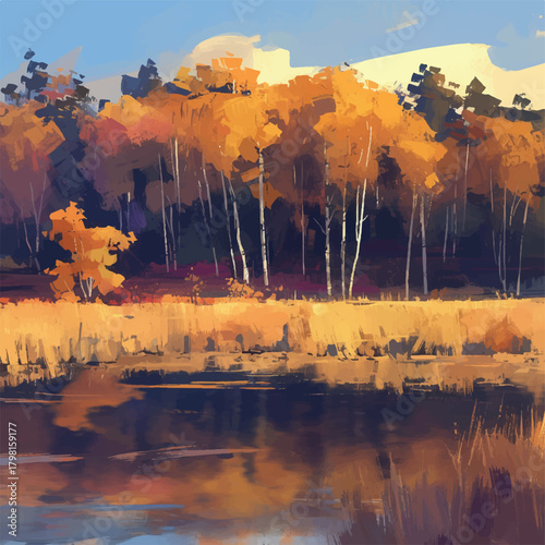 Autumnal Lakeside Landscape Captivating Golden Hues and Serene Reflections