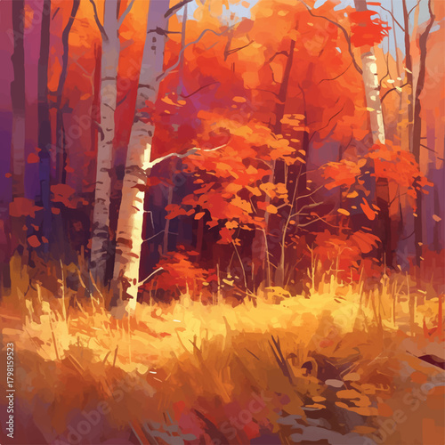A serene autumn landscape featuring a forest of birch trees with brilliant orange and red foliage under warm sunlight