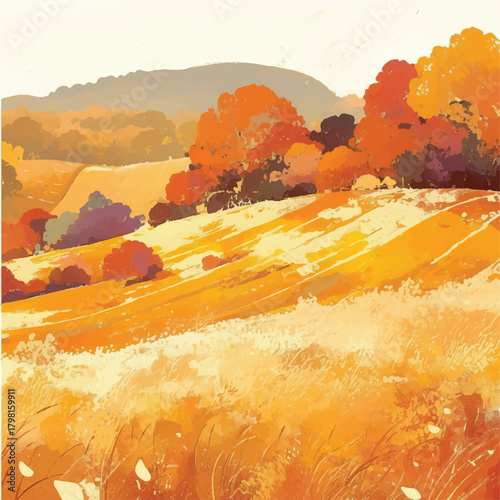 Vibrant autumnal landscape illustration showcasing rolling golden fields and colorful trees under a serene sky, capturing the beauty of the fall season in a picturesque rural scene