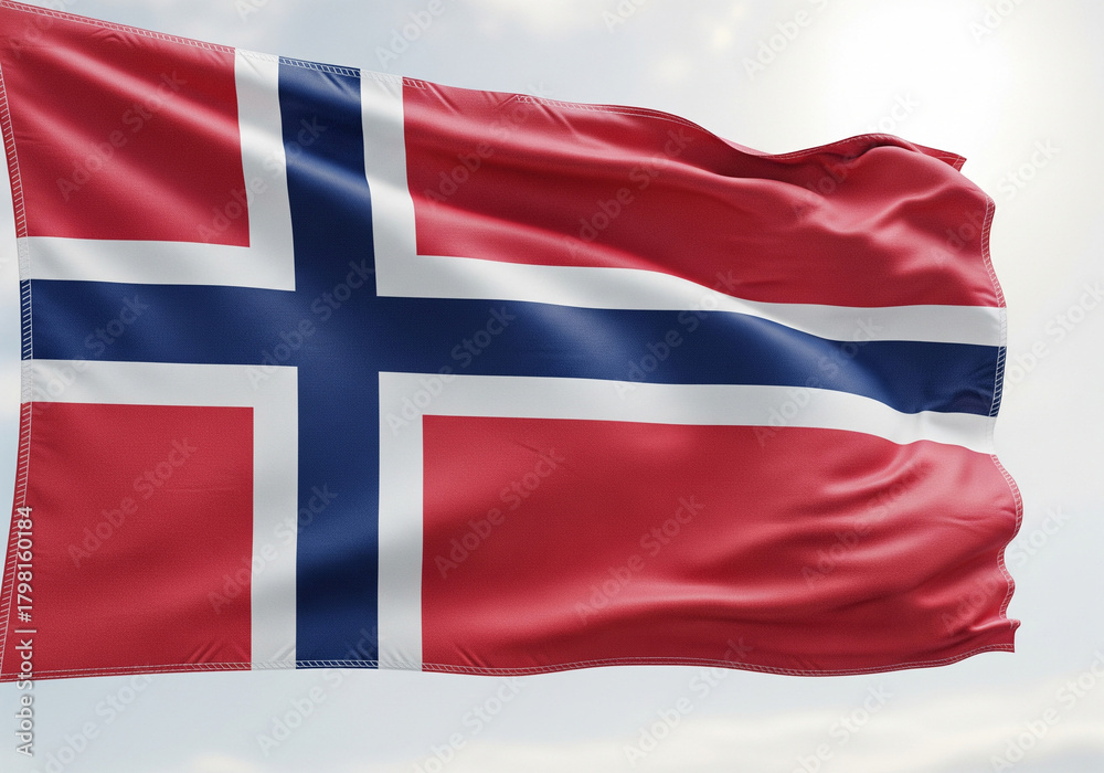 Fototapeta premium Waving Norwegian Flag A Symbol of National Pride and Identity in High Resolution, Representing Norwegian Culture and Heritage