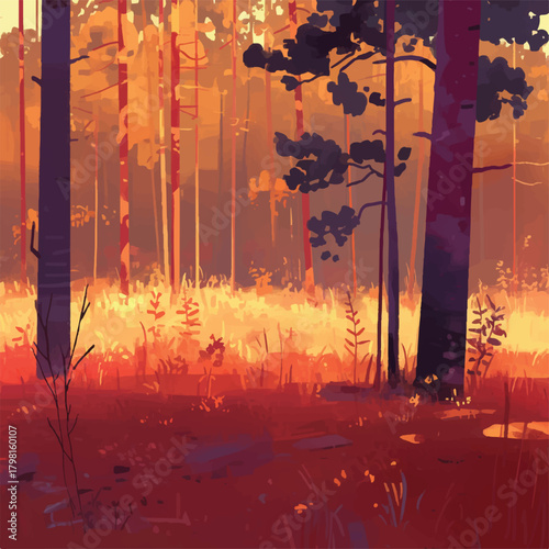 Warm, vibrant forest landscape at sunset, bathed in golden light, with silhouetted trees and sun-drenched undergrowth, evoking a serene and peaceful atmosphere