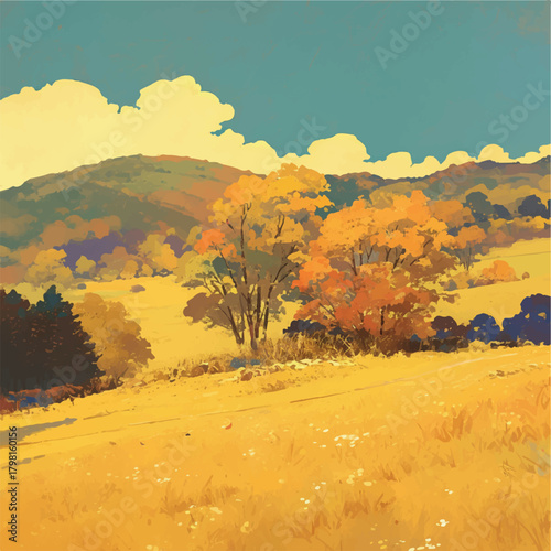 Golden Field in Autumn Serene Landscape Painting with Rolling Hills and Vibrant Foliage under a Blue Sky