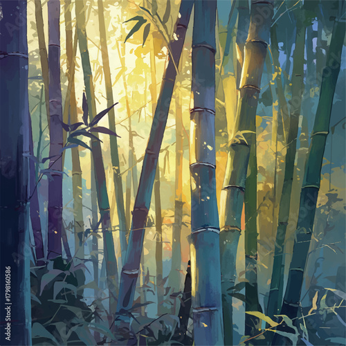 Golden sunlight pierces through a dense bamboo forest, illuminating the tranquil greenery and creating a serene, natural sanctuary with a soft, ethereal glow