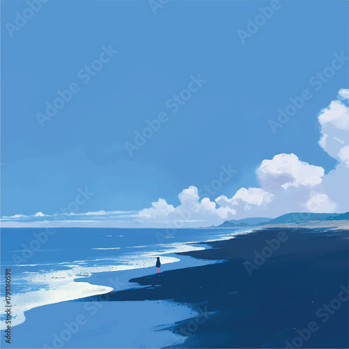 Lone figure on dark beach gazing at tranquil blue ocean under soft cloudy sky, embodying peaceful contemplation and serene solitude at the vast coastline
