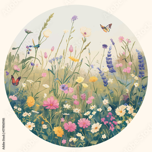 A gentle and picturesque illustration of a flourishing wildflower meadow in full bloom, with colorful butterflies dancing among the blossoms