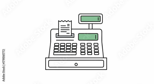 Illustration of a vintage cash register with calculator and receipts.