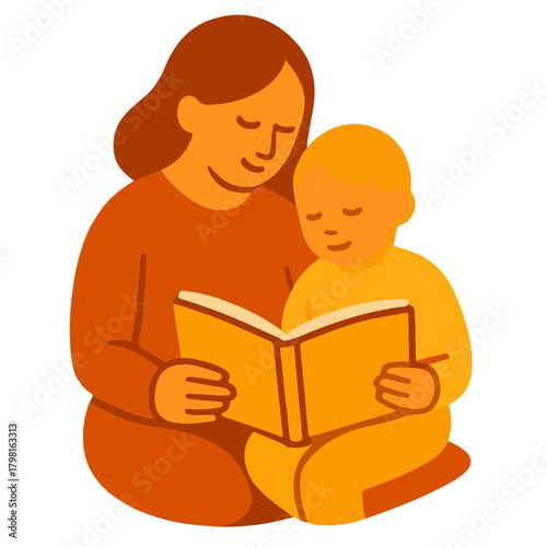  Mother and Child Reading Book Together Warm Family Vector Illustration