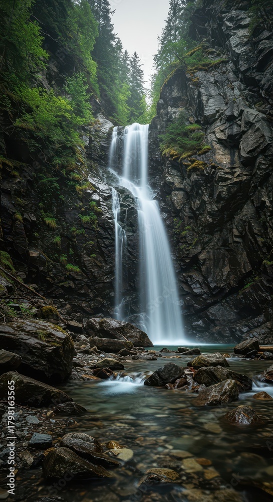 Obraz premium Ein majestätischer Wasserfall stürzt in einem Gebirgsbach über moosbewachsene, graue Felsen. Klares, reines Wasser in den Bergen, Moos, Kaskade, Wildbach
