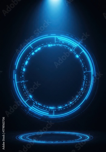 Glowing blue futuristic circle HUD element with intense spotlight holographic light effect on a transparent background, background, bright, visual