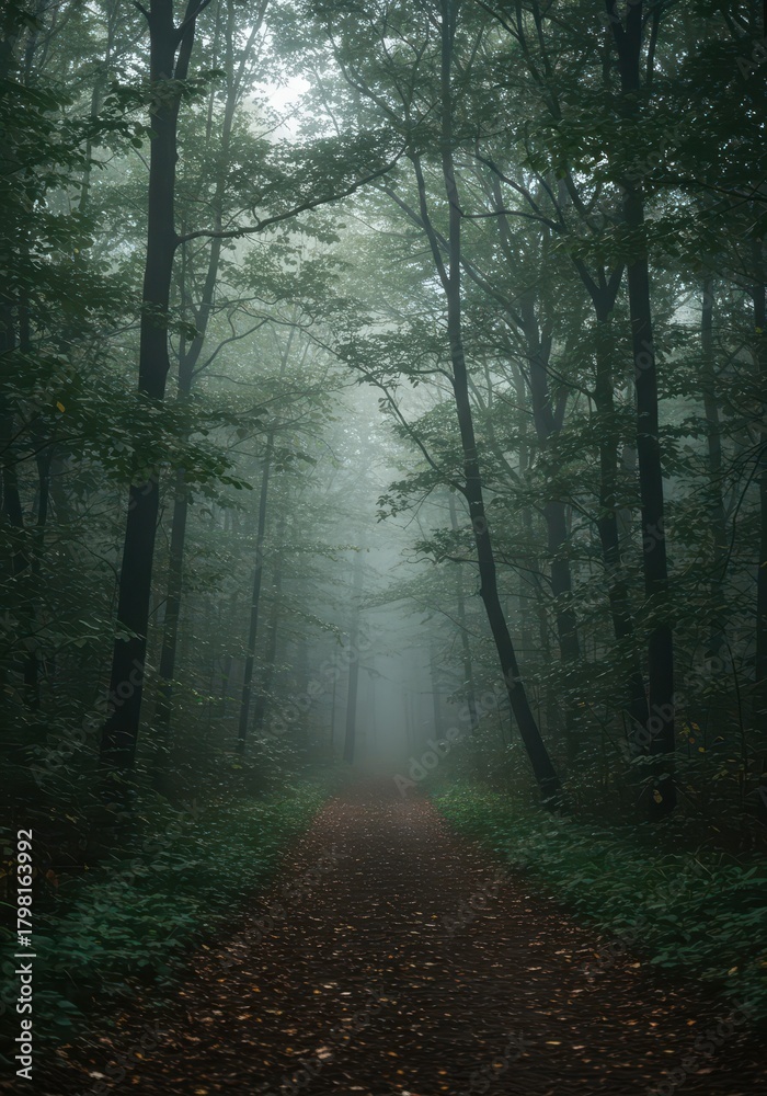 Obraz premium Serene path winding through a dense, misty forest landscape. Represents an introspective journey, spiritual awakening, and peaceful connection to the earth, dawn, health, growth