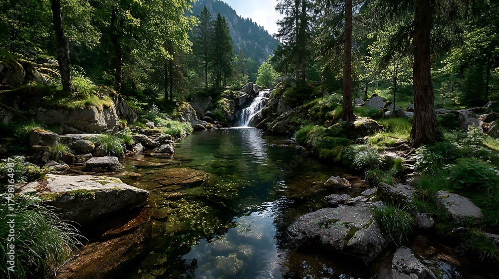 Fototapeta premium Long exposure waterfall cascading over moss covered rocks images