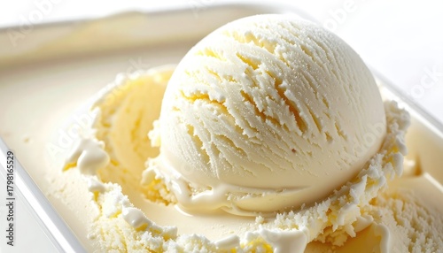 A creamy, white scoop of ice cream sits melting in a container