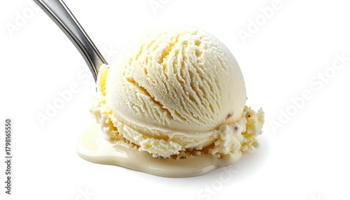 A creamy, light-yellow scoop of ice cream melting on a metal spoon