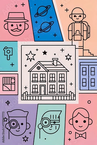 Illustration of colorful, asymmetrical, and uneven scenes