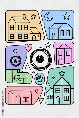 Illustration of colorful, asymmetrical, and uneven scenes
