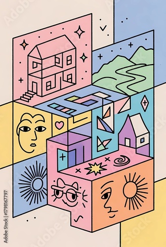Illustration of colorful, asymmetrical, and uneven scenes