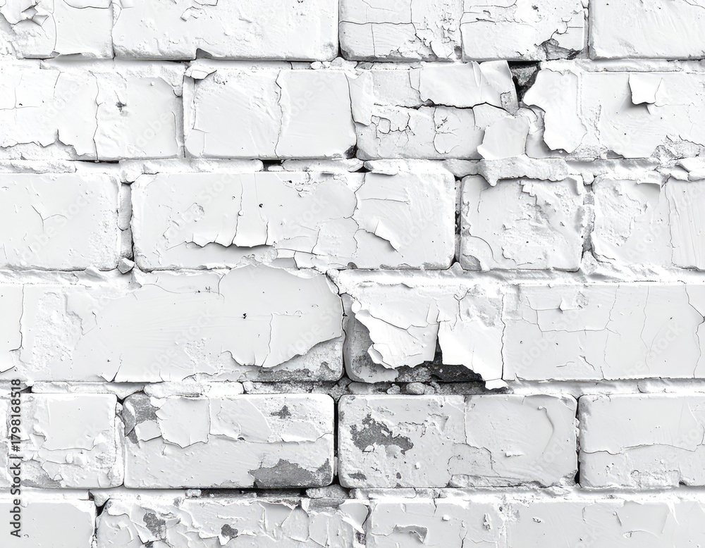 Fototapeta premium A close-up of a weathered white brick wall with cracked and peeling paint