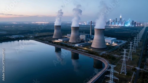 Panoramic image of energy station with steaming towers and grid lines