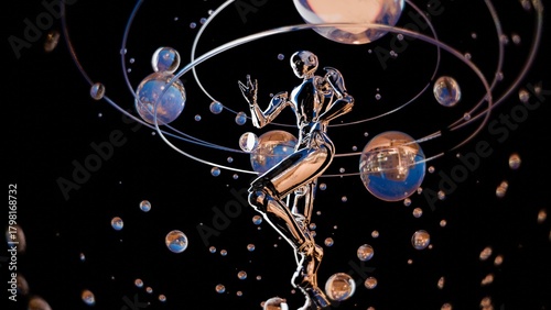 Retrofuturism-style chrome robot, fantastic abstract background
