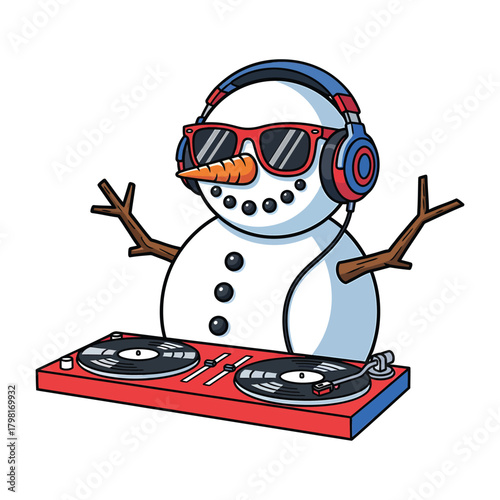 Snowman dj with headphone cartoon illustration