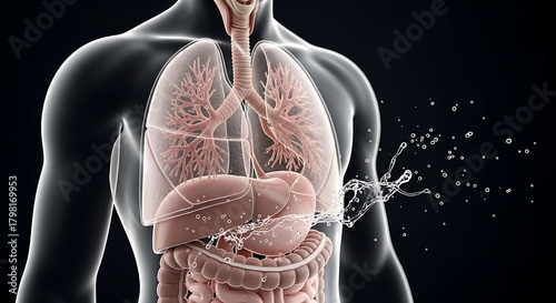 Human Anatomy, Lungs and Digestive System with Body Hydration Concept