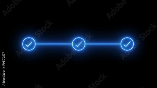 neon 3 step infographic process with check mark icon. infographic step by step process icon animation on black background, step process success with check marks. Step-by-Step Guide: Business Steps.