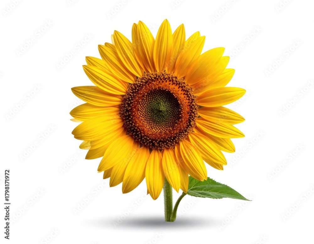 Fototapeta premium Vibrant yellow sunflower with a dark seed head, isolated on a white background