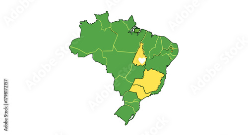 Stylized map illustration of Brazil emphasizing specific regions in contrasting colors of green