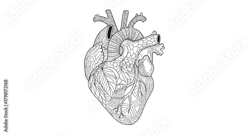 Stylized human heart drawing with intricate patterns, an anatomical illustration