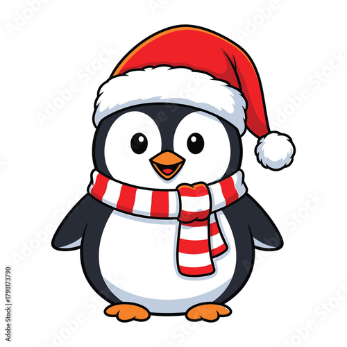 Cute penguin wearing a santa hat and scarf
