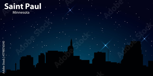 A stylized nighttime silhouette of St. Paul with black skyscrapers against a dark blue starry sky with bright shining stars, creating a magical cosmic atmosphere.