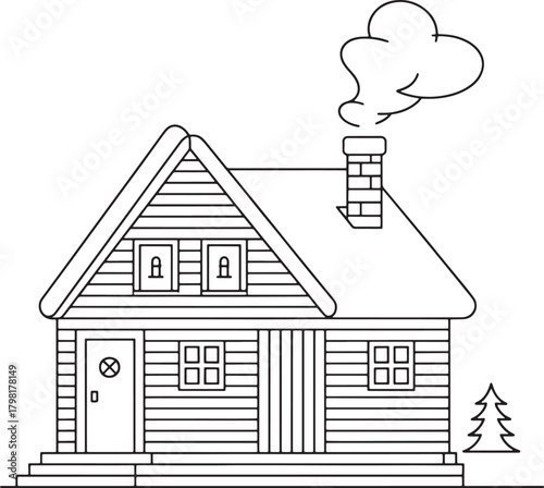 Black and white line drawing of a wooden cabin with smoke coming from chimney and a small pine tree house