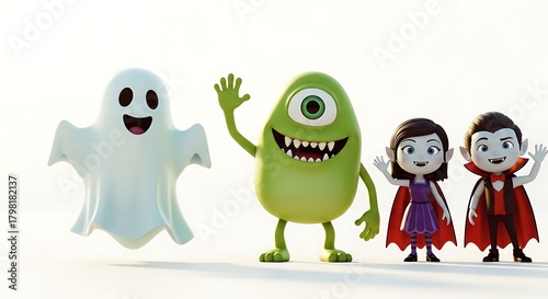 Halloween Cartoon Characters: Ghost, Monster and Vampire Family waving hands