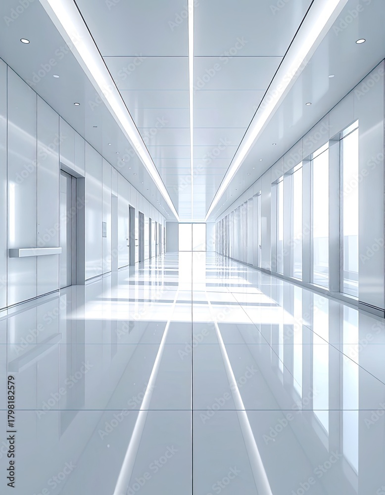 Obraz premium Futuristic, sterile white corridor with bright lights and reflective floors