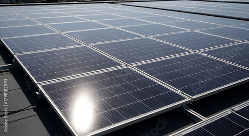 Solar Panel Array on Building Roof for Renewable Energy